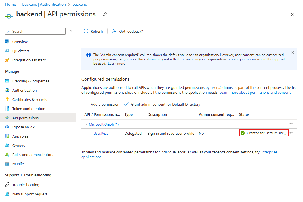 Captura de pantalla de la aplicación de autenticación de Azure Portal con el consentimiento del administrador concedido en la columna de estado.