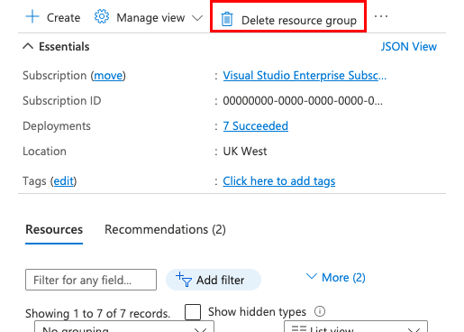 Captura de pantalla que muestra la ubicación del botón Eliminar grupo de recursos en Azure Portal