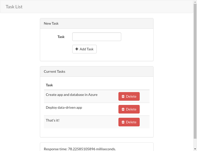 Captura de pantalla de un ejemplo de aplicación de Azure llamada Task List que muestra las nuevas tareas agregadas.