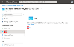 Captura de pantalla que muestra cómo abrir el shell de SSH de la aplicación desde Azure Portal