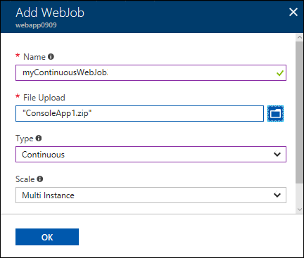 Captura de pantalla que muestra la configuración de Agregar WebJob que necesita establecer.