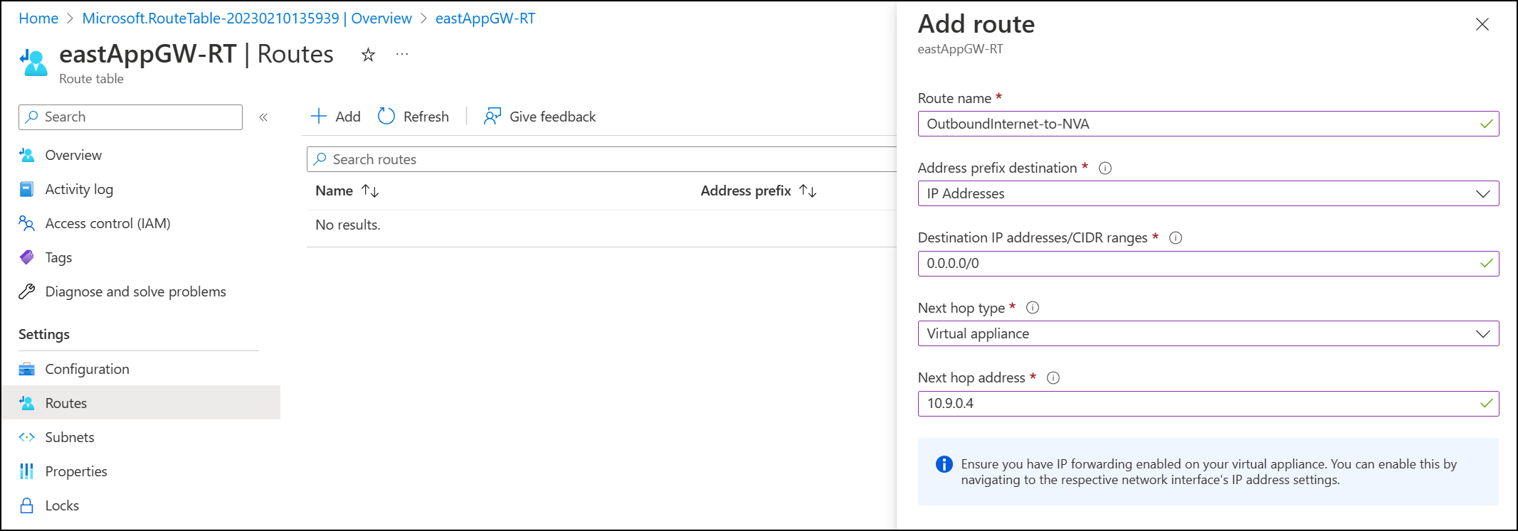 View of adding default route to network virtual applicance
