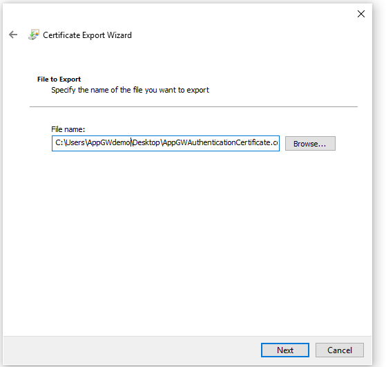 Captura de pantalla en la que aparece el Asistente para exportar certificados, donde puede especificar el archivo que va a exportar.