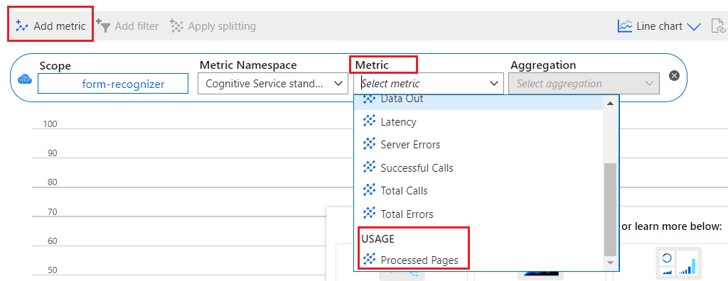 Screenshot that shows how to add new metrics on Azure portal.