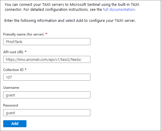 Screenshot that shows the TAXII configuration page.