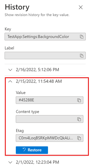 Screenshot of the Azure portal viewing key-value data for a specific date