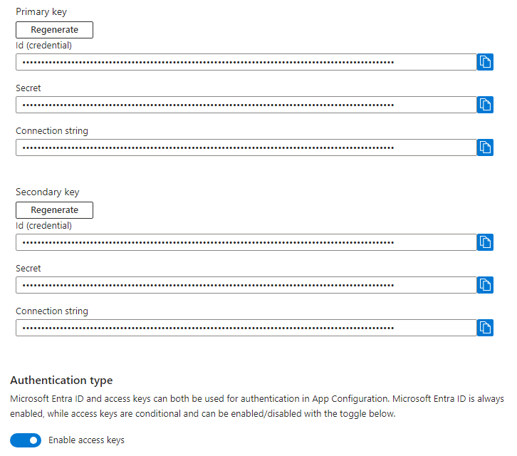 Captura de pantalla en la que se muestran las claves de acceso para un recurso de Azure App Configuration.