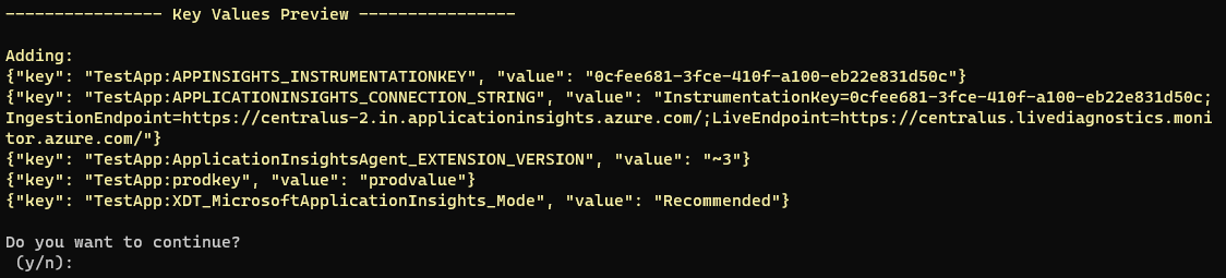 Captura de pantalla del CLI. La importación desde la solicitud de confirmación del App Service.