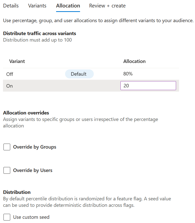 Captura de pantalla de la plataforma Azure en la que se muestra la asignación de tráfico de marca de características variante.