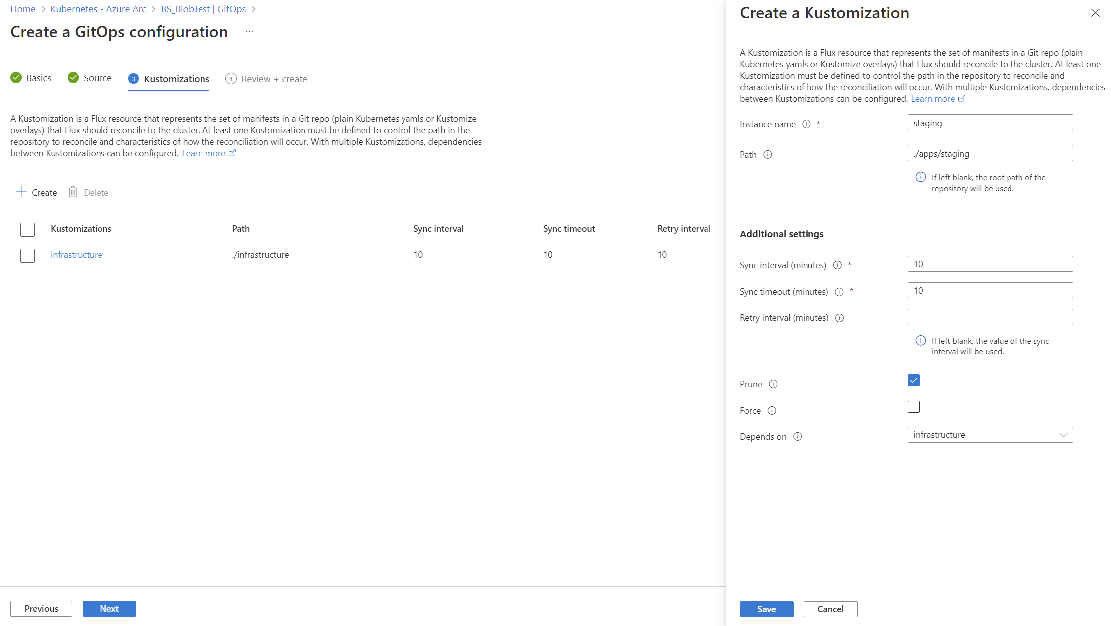 Captura de pantalla que muestra las opciones para crear la personalización de preproducción en el portal de Azure
