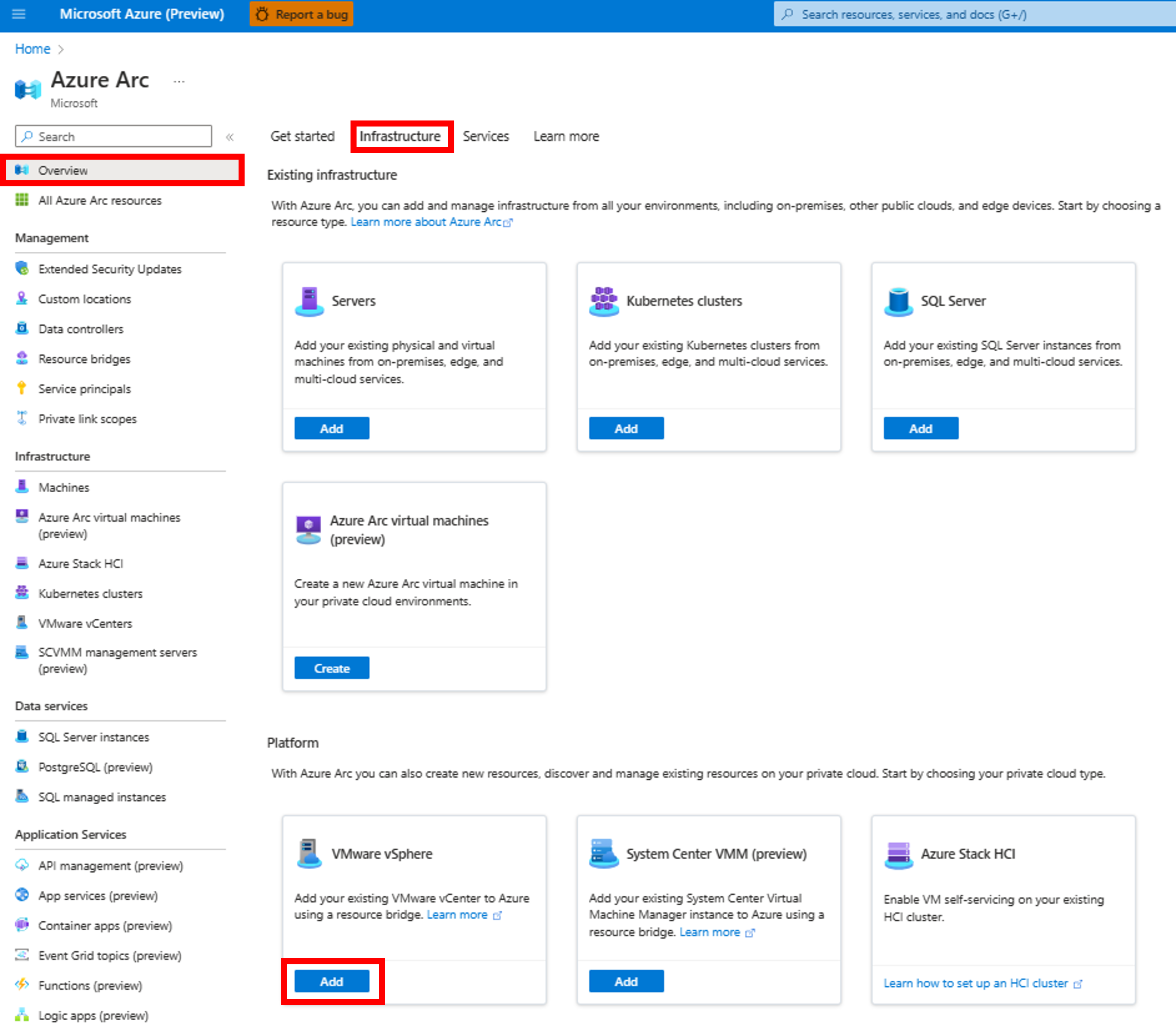 Captura de pantalla que muestra cómo agregar VMware vCenter mediante Azure Arc.