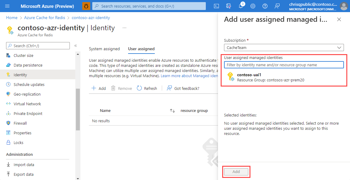 Captura de pantalla que muestra la identidad administrada asignada por el usuario.