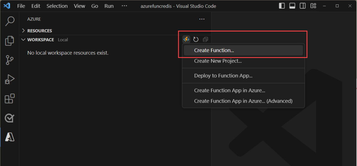 Captura de pantalla que muestra el ícono para agregar una nueva función desde VS Code.