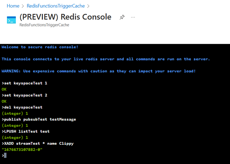 Captura de pantalla de una consola y algunos comandos y resultados de Redis.