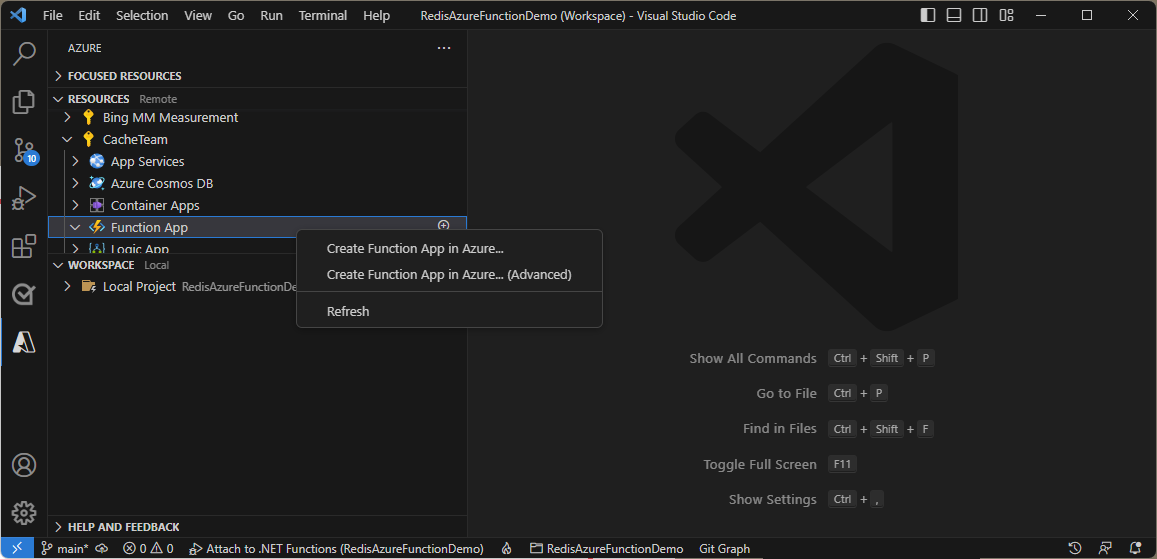 Captura de pantalla de selecciones para crear una aplicación de funciones en VS Code.