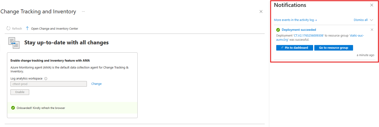 Captura de pantalla que muestra la notificación de implementación.