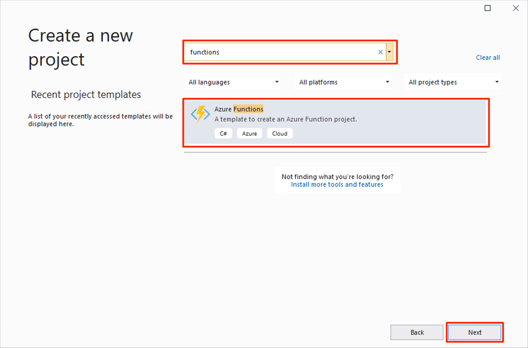 Captura de pantalla del diálogo de nuevo proyecto para crear una función en Visual Studio.