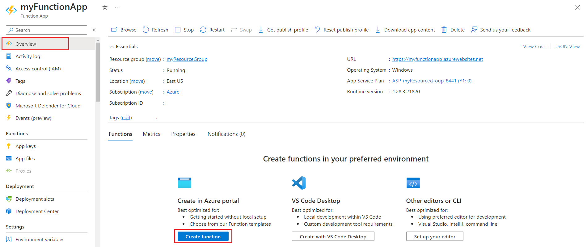 Captura de pantalla de cómo agregar una función en el Azure Portal.