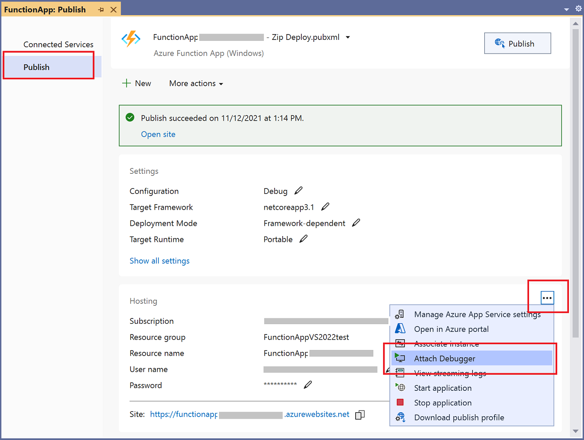 Captura de pantalla de la conexión del depurador desde Visual Studio.