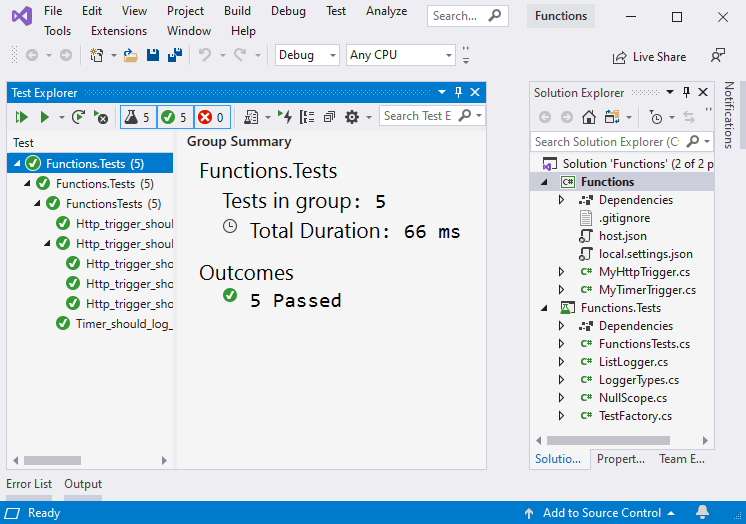 Testing Azure Functions with C# in Visual Studio