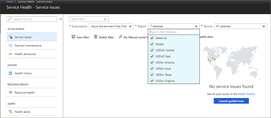 Screenshot shows the Service Health page for Azure Government with the Region drop-down menu open.