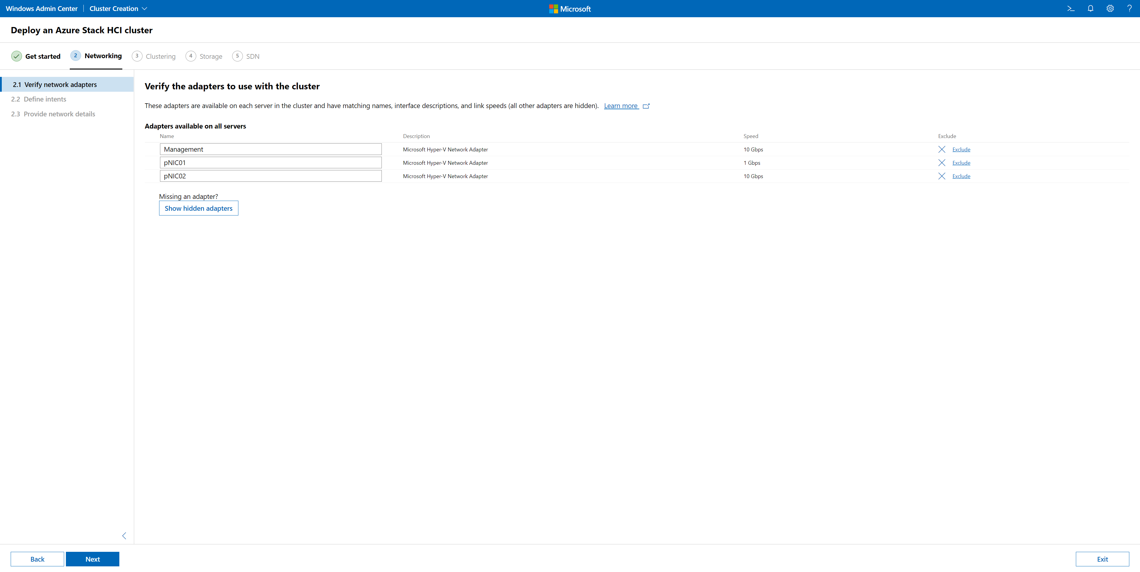 Asistente para crear clústeres: comprobación de adaptadores de red