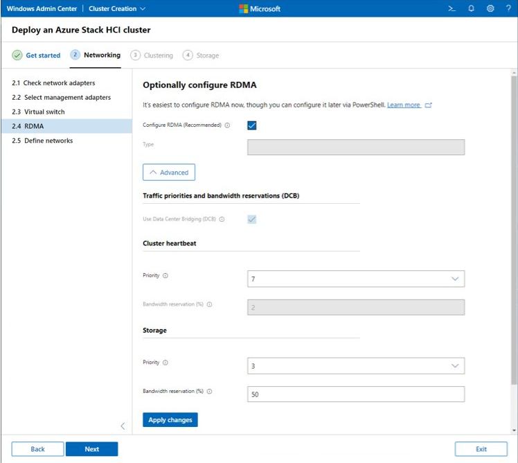 Asistente para crear clúster: configuración de RDMA