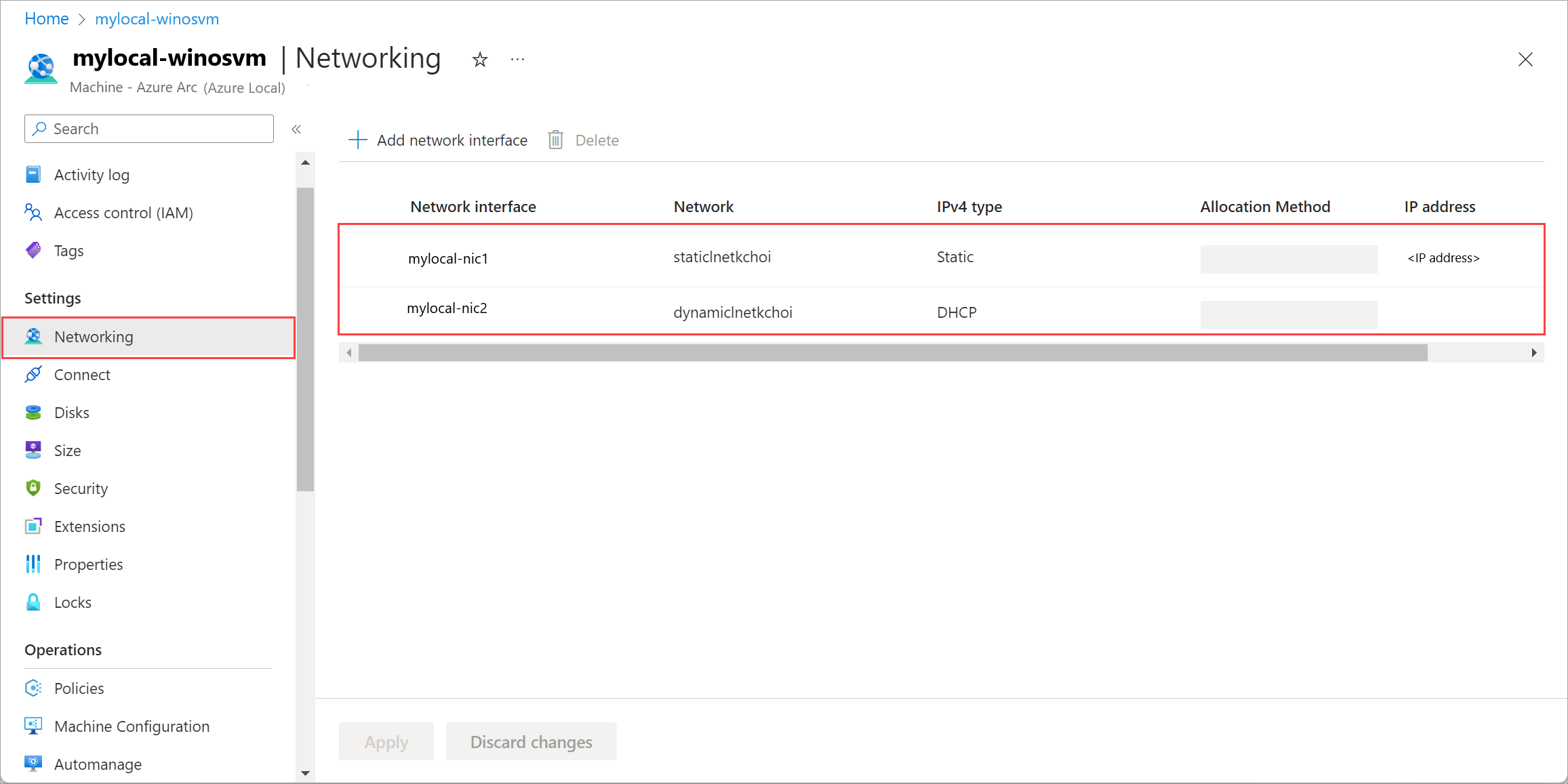 Captura de pantalla de una lista de interfaz de red actualizada en el panel Redes de una máquina virtual.