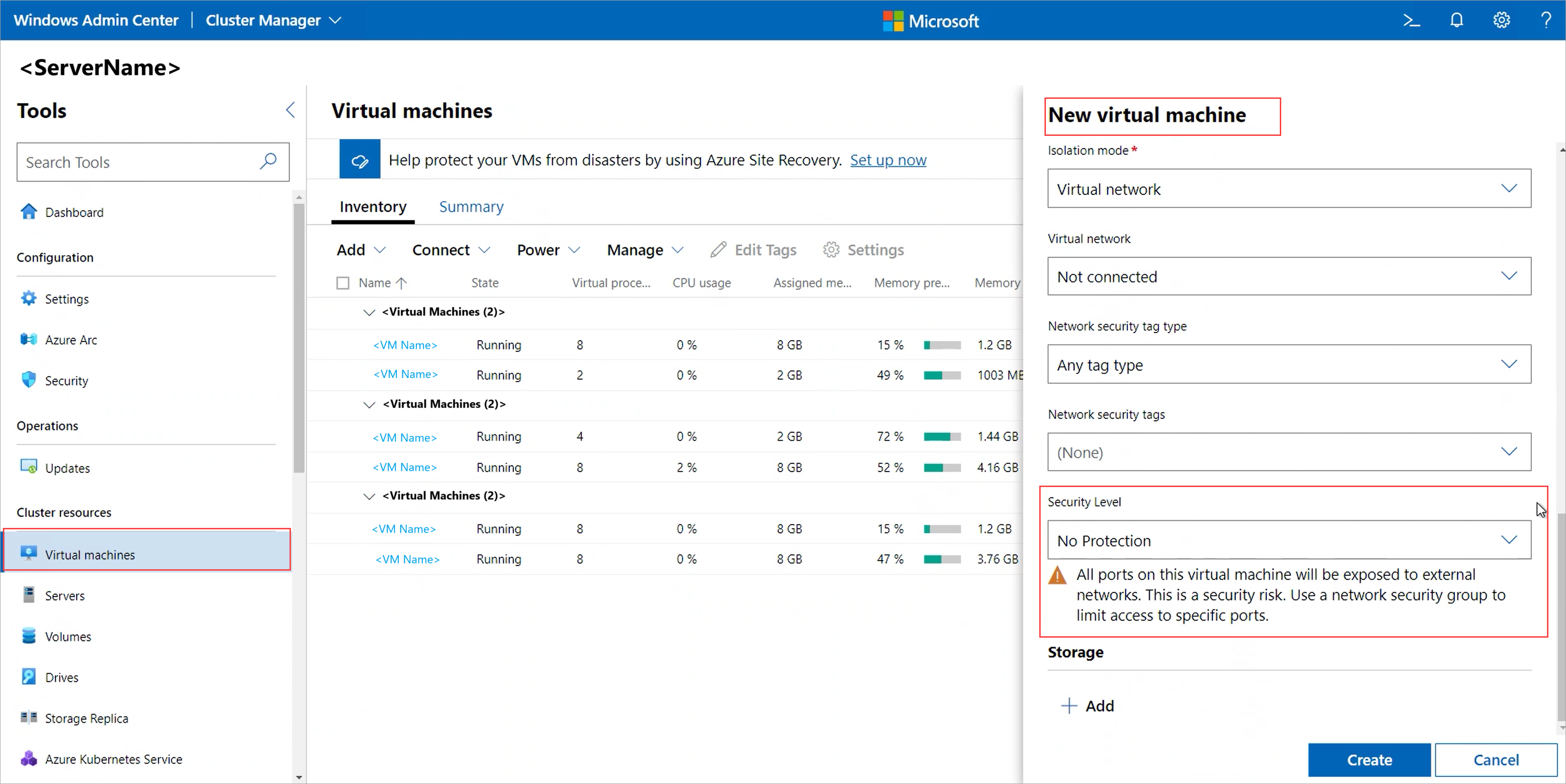 Captura de pantalla que muestra la opción Sin protección seleccionada para las máquinas virtuales en Windows Admin Center.