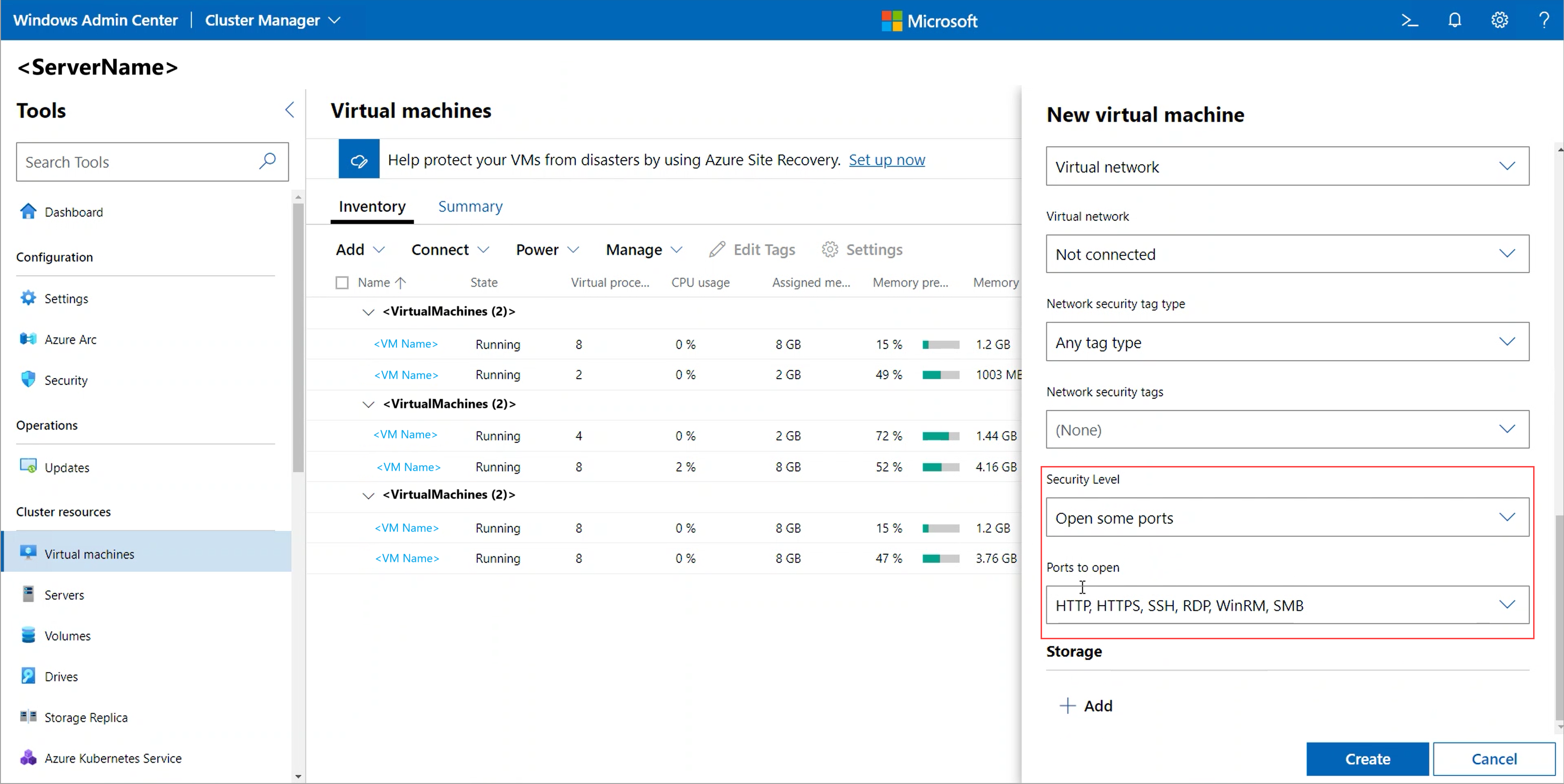 Captura de pantalla que muestra los puertos que se pueden abrir en máquinas virtuales especificadas durante la creación de máquinas virtuales en Windows Admin Center.