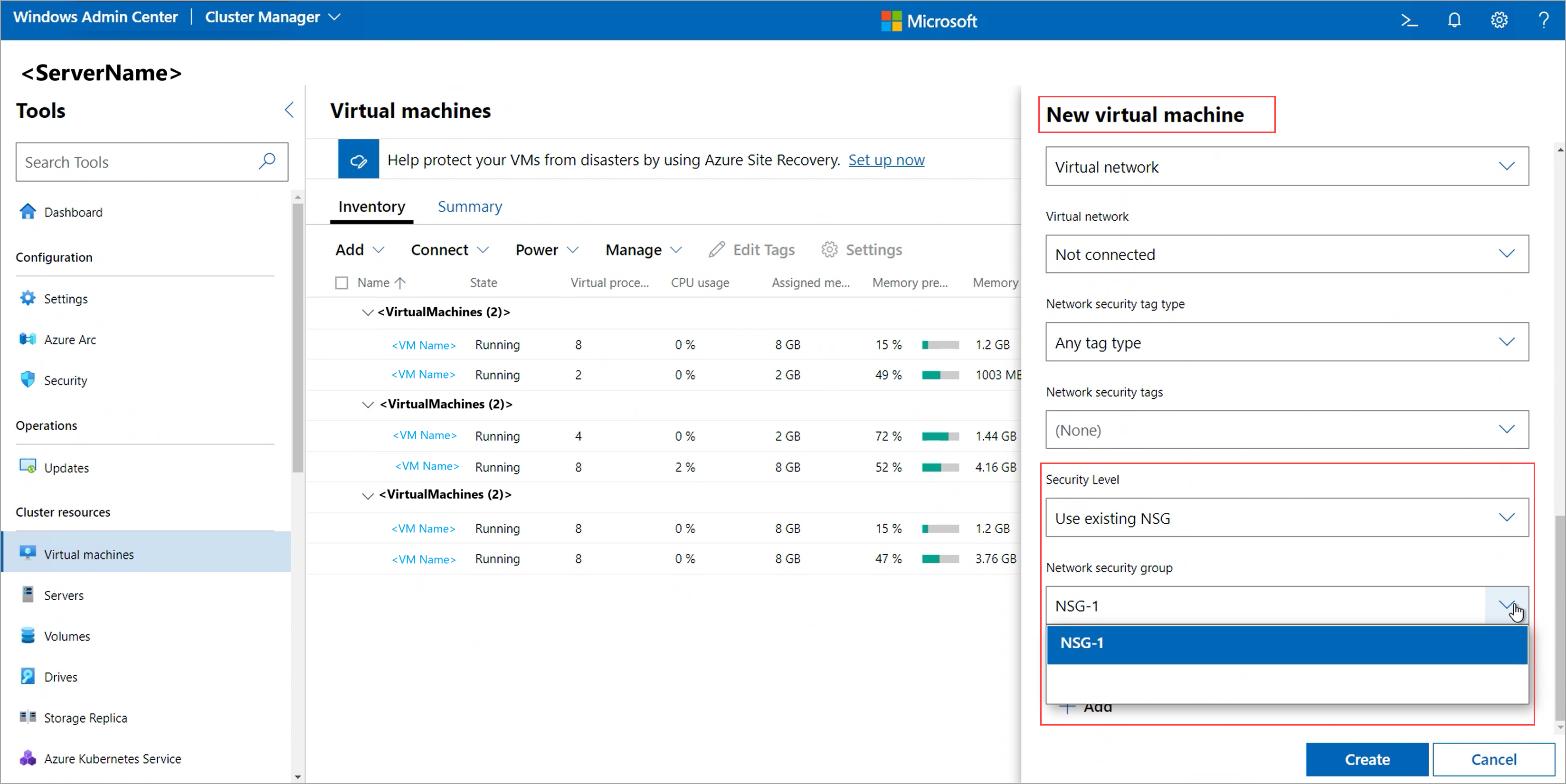 Captura de pantalla que muestra el grupo de seguridad de red existente seleccionado durante la creación de la máquina virtual en Windows Admin Center.