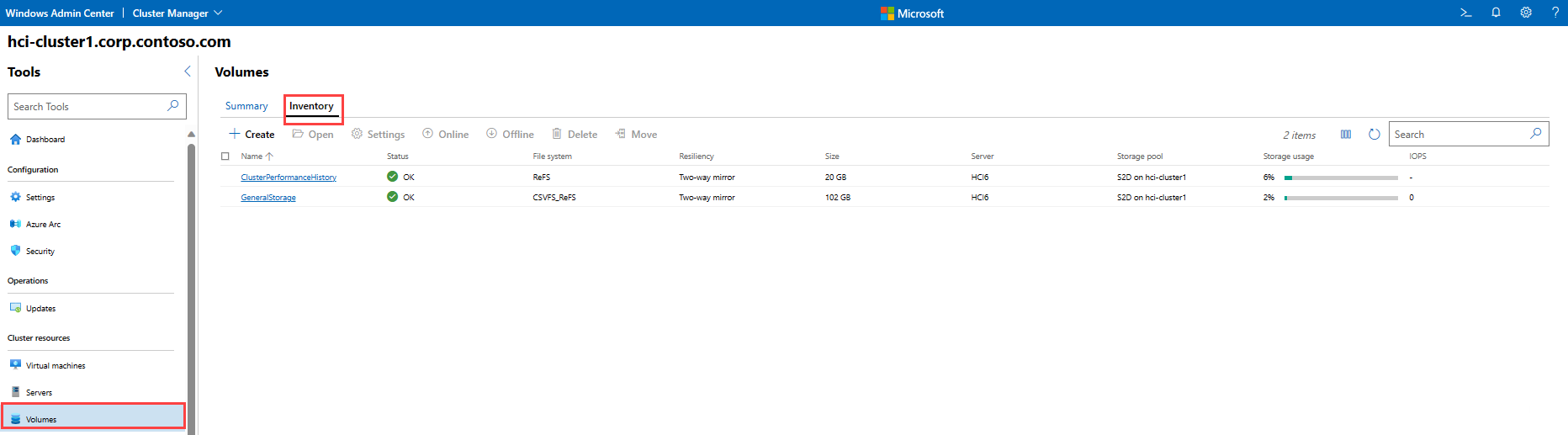 Captura de pantalla de la pestaña inventario de volúmenes.