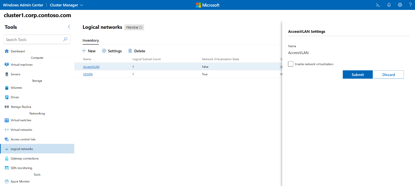 Captura de pantalla de Windows Admin Center que muestra la opción Habilitar virtualización de red de una red lógica.