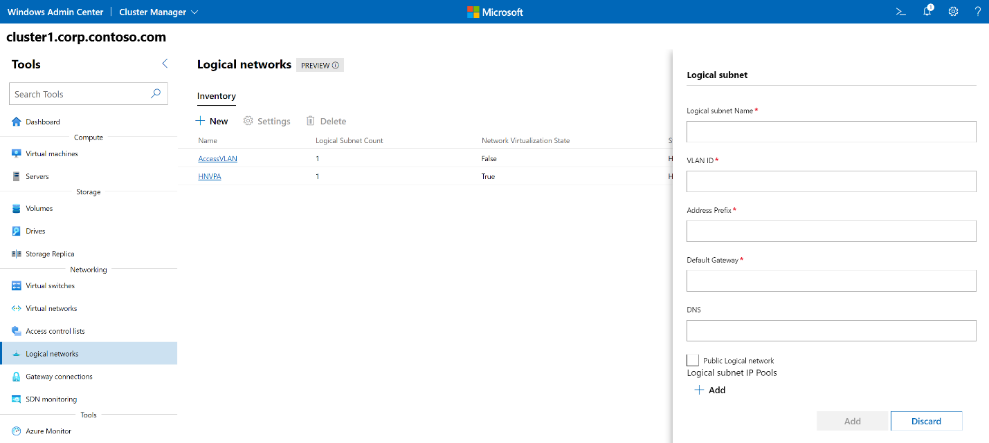 Captura de pantalla de la pantalla principal de Windows Admin Center que muestra el panel Subred lógica.