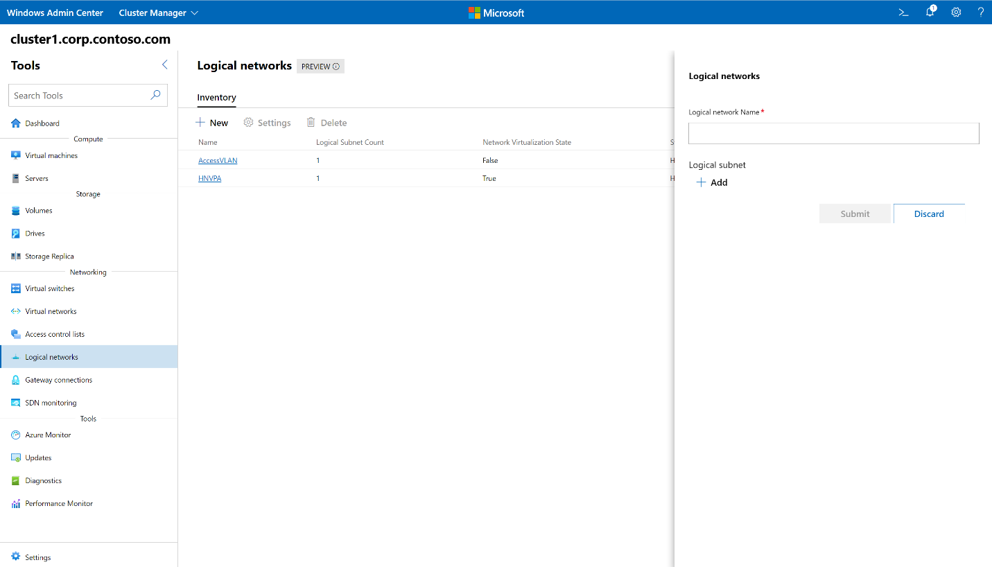 Captura de pantalla de la pantalla principal de Windows Admin Center que muestra el cuadro Nombre de redes lógicas.