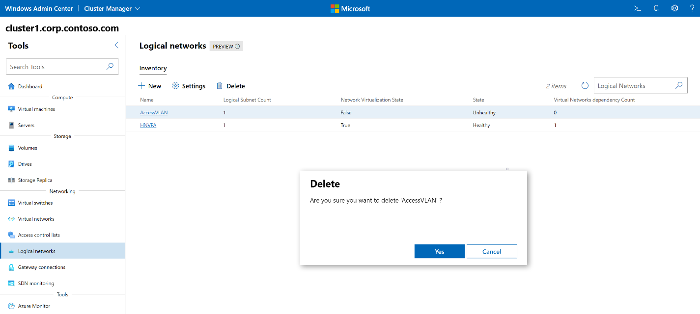 Captura de pantalla de Windows Admin Center que muestra el mensaje de confirmación de eliminación para eliminar una red lógica.