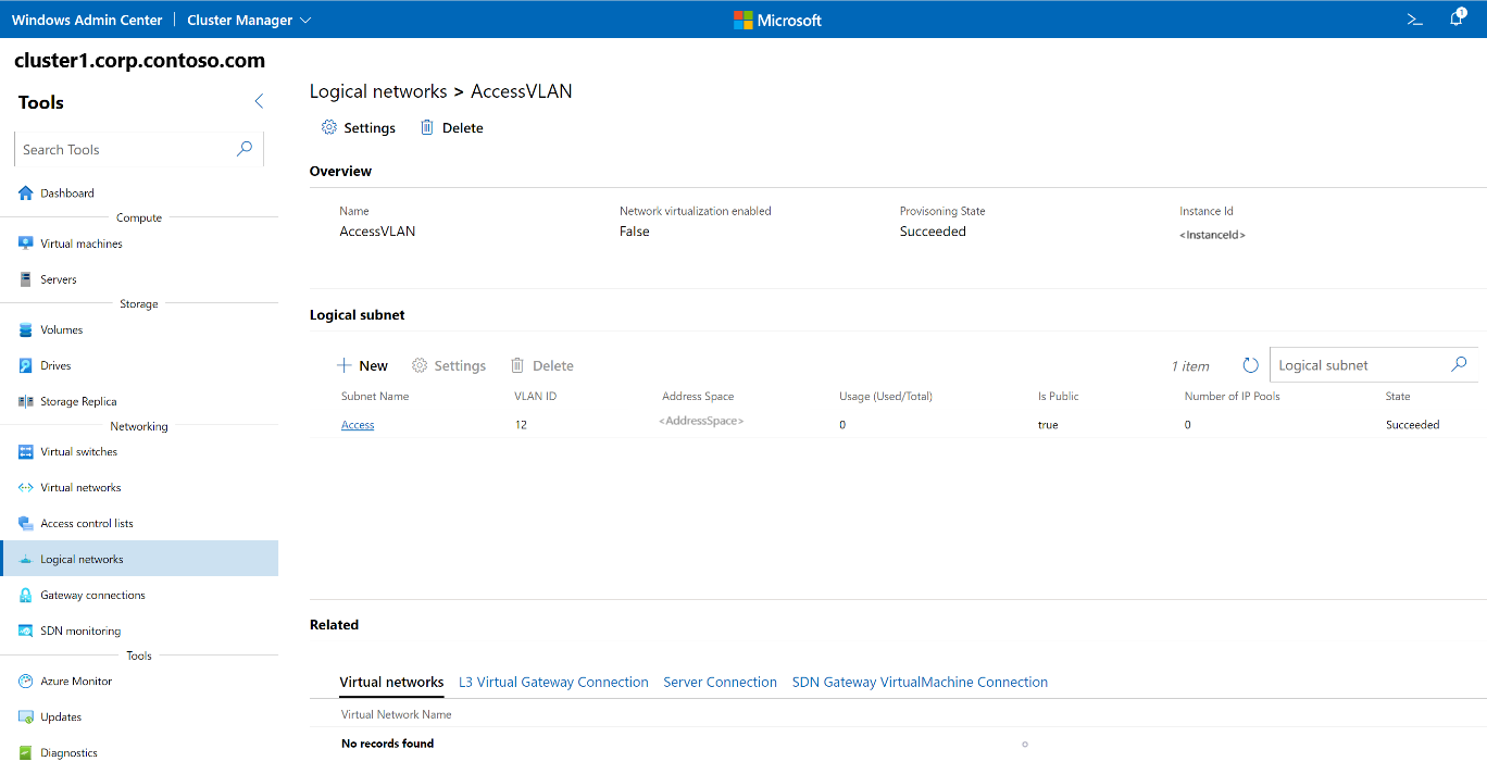 Captura de pantalla de Windows Admin Center que muestra la vista de detalles de una red lógica.