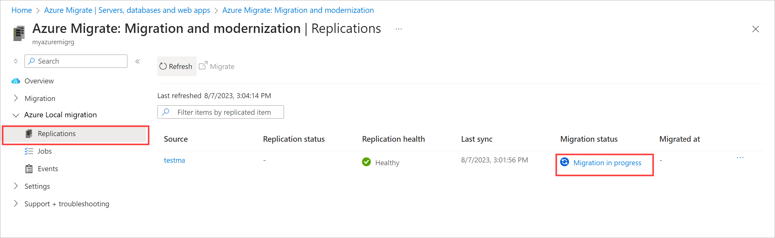 Captura de pantalla de la página Migración con el estado de migración seleccionado en Azure Portal.