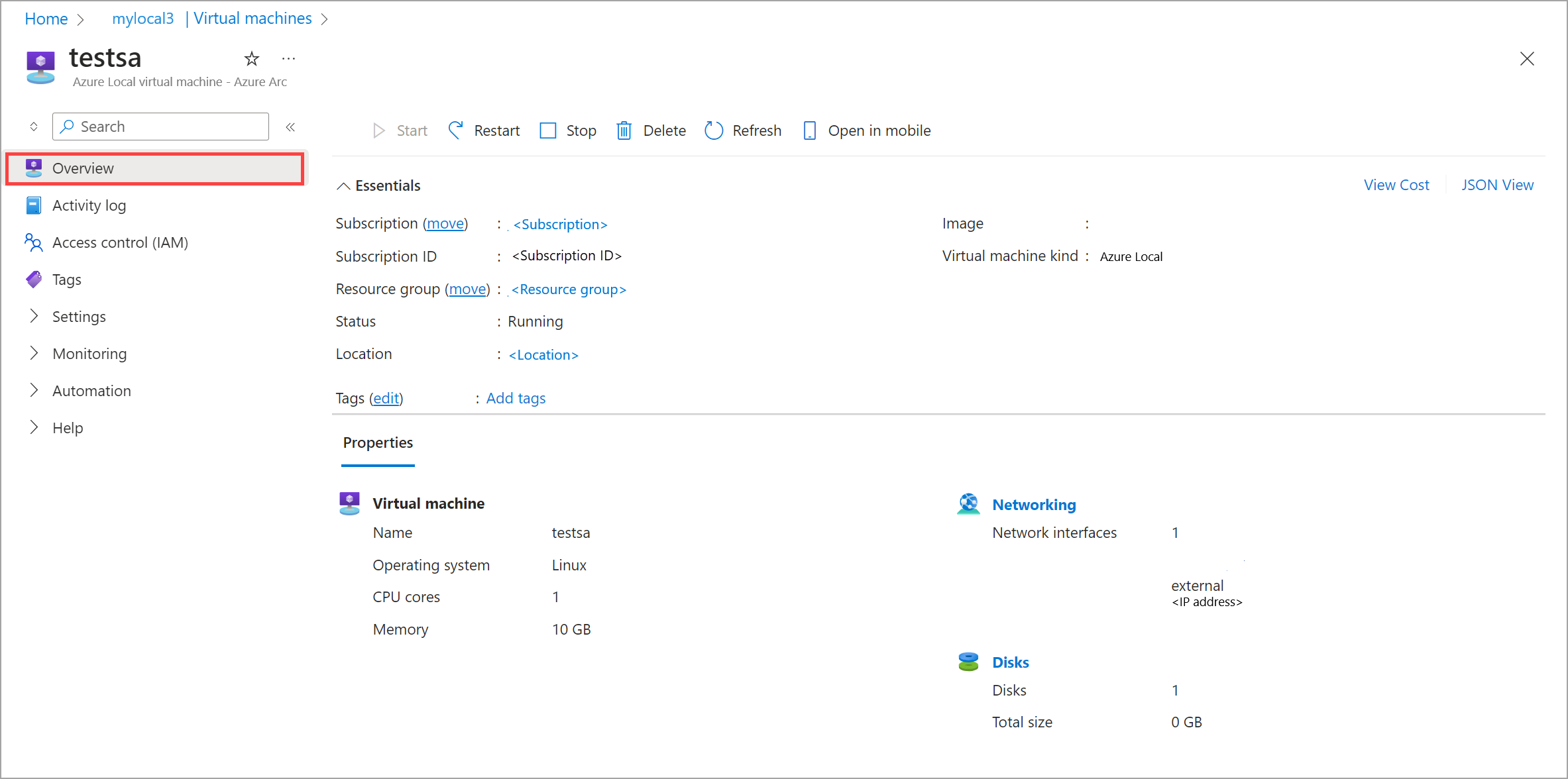 Captura de pantalla de los detalles de la máquina virtual migrada en Azure Portal.