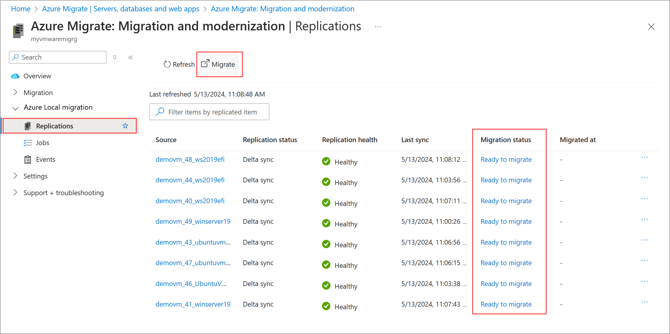 Captura de pantalla de la página Replicaciones en Azure Portal con la opción Migrar seleccionada.