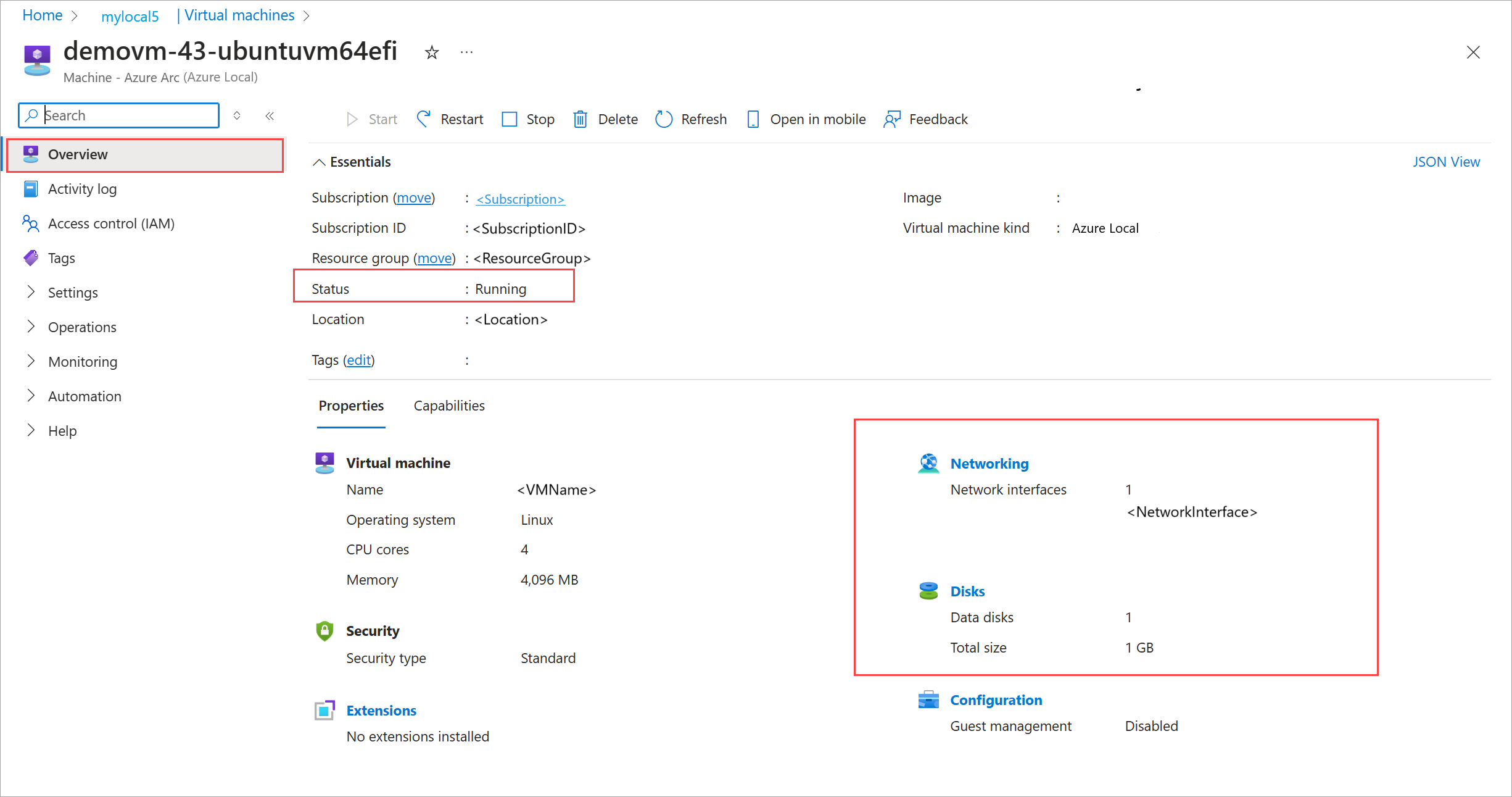 Captura de pantalla de los detalles de la máquina virtual migrada en Azure Portal.