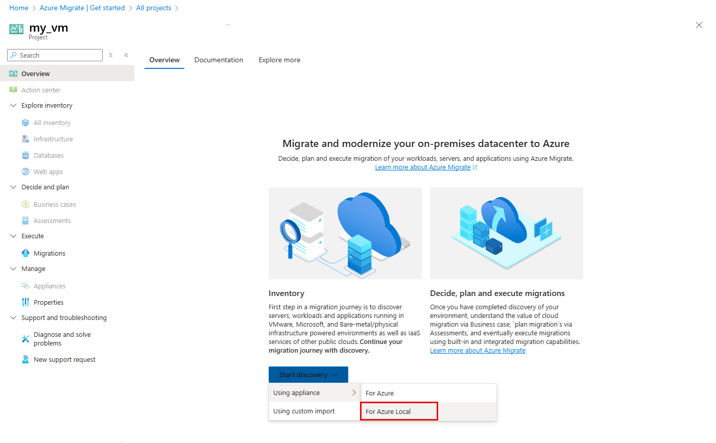 Captura de pantalla de la página Detectar desde el icono Herramientas de migración del dispositivo de origen.