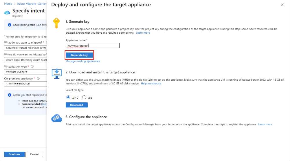 Captura de pantalla que muestra el elemento emergente Generar clave.
