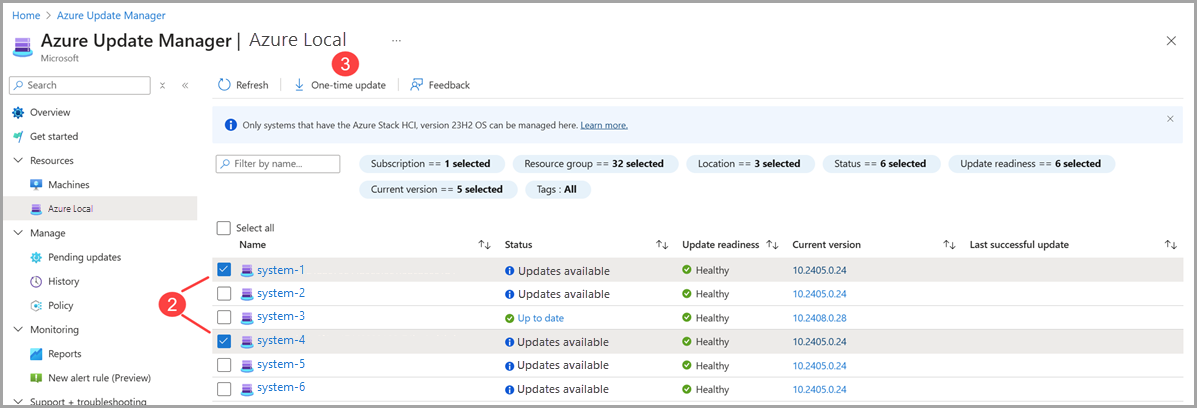 Captura de pantalla para instalar las actualizaciones del sistema en Azure Update Manager.