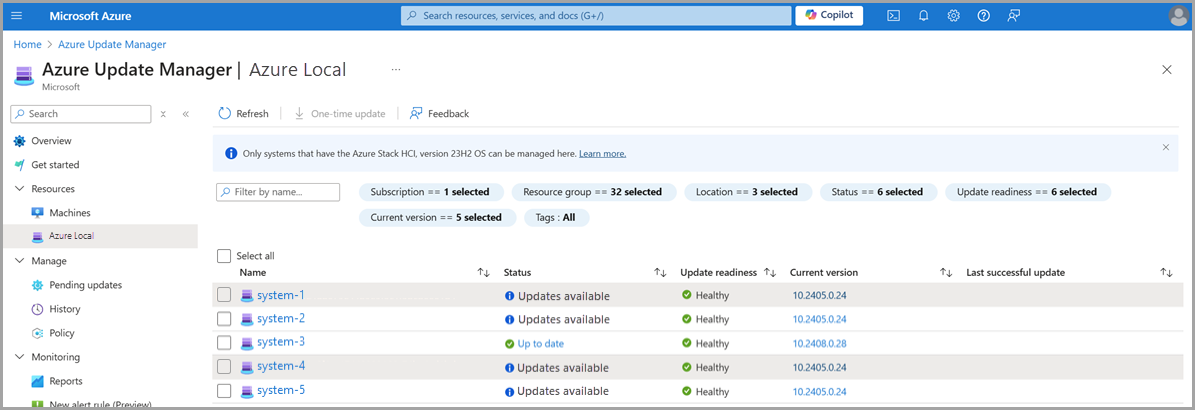 Captura de pantalla para buscar actualizaciones del sistema en Azure Update Manager.