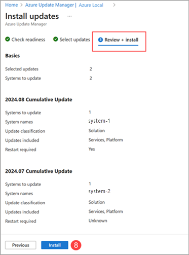Captura de pantalla para revisar e instalar actualizaciones del sistema en Azure Update Manager.