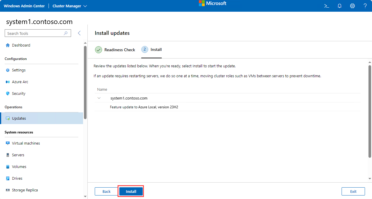 Captura de pantalla de la selección de Instalar para instalar actualizaciones del sistema operativo en cada máquina del sistema.