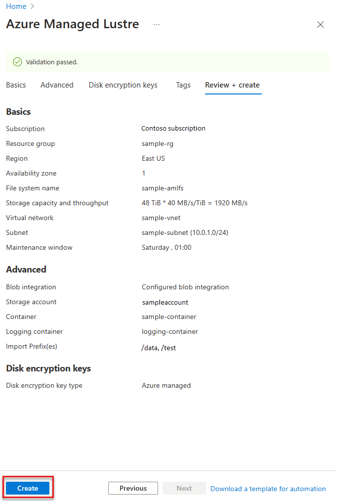 Captura de pantalla que muestra la pestaña para revisar la configuración y crear un sistema de archivos de Azure Managed Lustre.