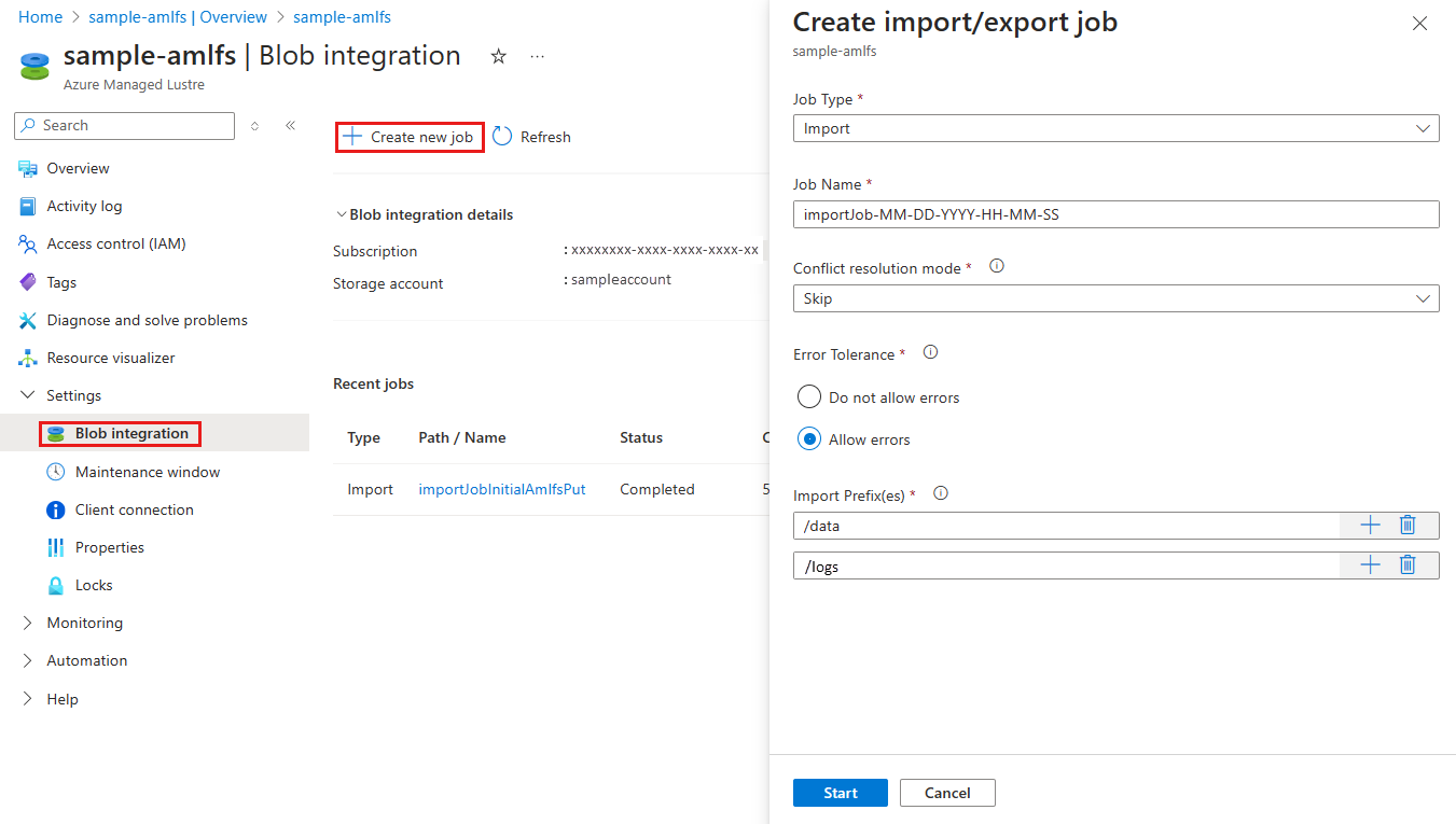 Captura de pantalla que muestra la configuración del portal para crear un trabajo de importación.