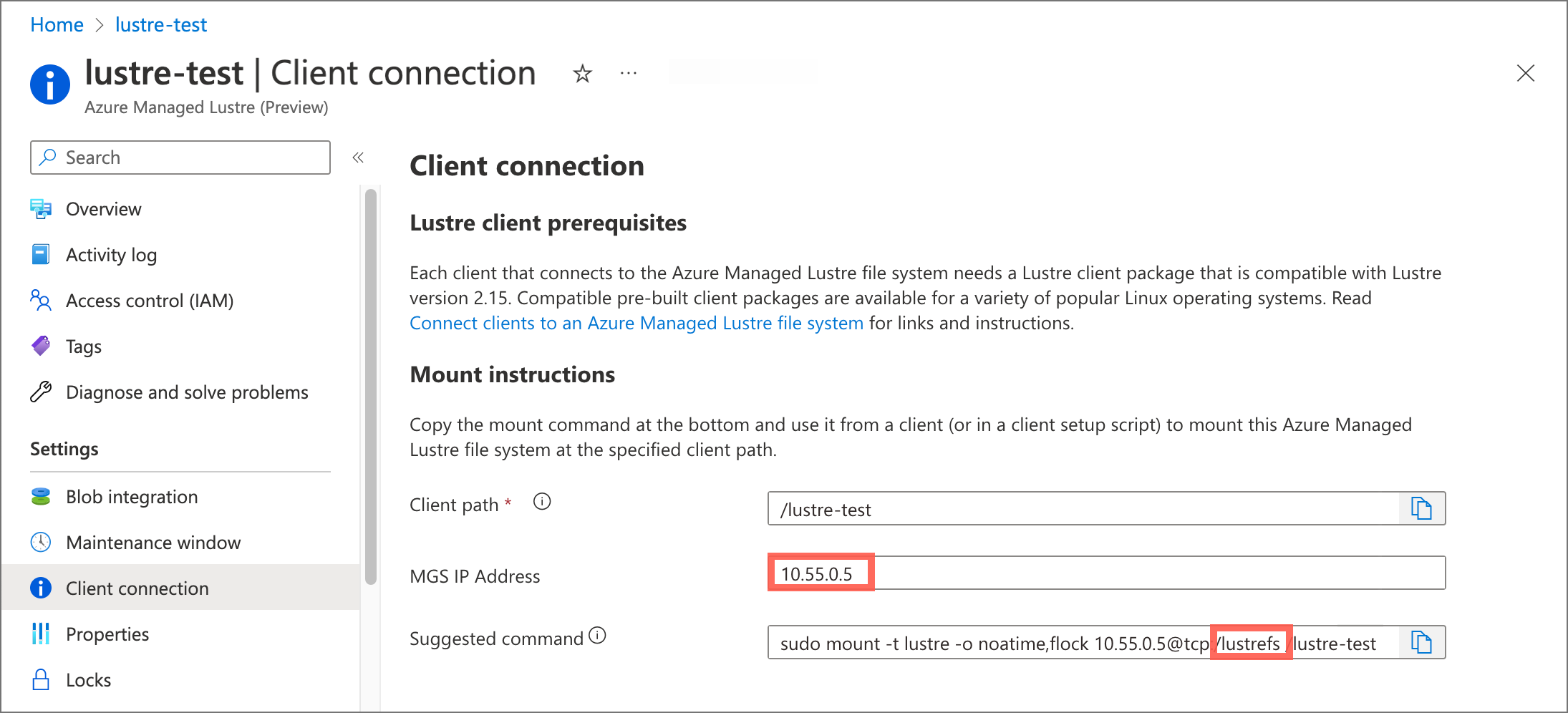 Captura de pantalla del panel para la conexión de cliente en el portal de Azure. La dirección IP MGS y el nombre